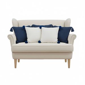 Set di 5 Copricuscini SOGA in Maglia Spessa Blu Navy e Bianco Crema con Pompon per Decorazione Divano - Product Image 1