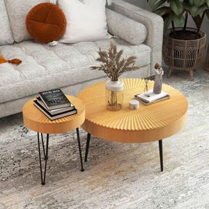 Set di 2 Tavolini Rotondi Boho Artigianali con Piano in Legno di Pino Massiccio e Gambe in Metallo Resistente - Product Image 3