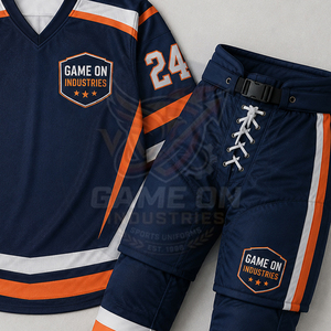 For Wholesale Rate Team Sportswear Sublimation Performance Fabric Breathable Lightweight Navy Orange Ice Hockey Uniform Sets - Product Image 4