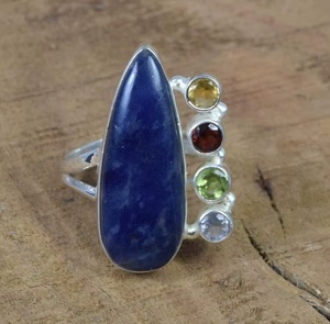 Wholesale Natural Blue Sodalite 925 Sterling <b>Silver</b> Multi Gemstone <b>Ring</b> with <b>Garnet</b> and Peridot Handmade Designer Jewelry - Product Image 2