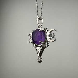 Triple Moon Amethyst Pendant 925 Silver Bezel Setting Vintage Neo Gothic Hecate Charm Unisex Engagement Jewelry Everyday Wear - Product Image 4