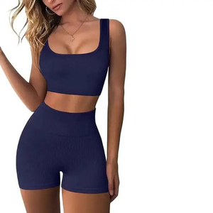 New Sexy Club Floral Sports Yoga Bra And <b>Shorts</b> Sets Women Summer Solid Sets Sleeveless Crop Top knitted two Pieces Set - Product Image 3