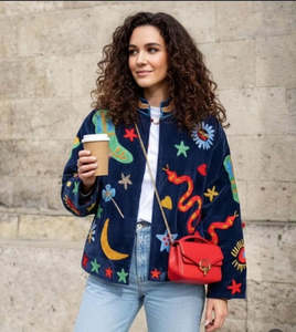 100% Cotton <b>Knitted</b> Bomber Jacket Hand Embroidery Floral & <b>Animal</b> Print Snake Navy Jacket <b>Pattern</b> Women's Fashion Outerwear - Product Image 1