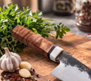 Cuchillo utilitario hecho a mano en acero con alto contenido de carbono, mango de resina, funda de cuero, ambidiestro, apto para lavavajillas, superficie de hoja martillada - Product Image 2