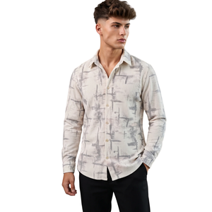 Neutral Grey Abstract Printed <b>Mens</b> Long Sleeve <b>Shirt</b> Button Down Modern Fit Casual Fashion <b>Shirt</b> for Daily Smart <b>Summer</b> Wear - Product Image 1