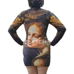 Vestido de malla con estampado de pintura artística renacentista, cuello alto, manga larga, ajustado, para fiesta, mini vestido - Product Image 6