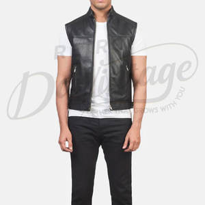 Chaleco Personalizado para Hombre, de Cuero Genuino Negro, Perforado, Corte Ajustado, Cuello Alto, Cierre de Cremallera, Sin Mangas, Transpirable - Product Image 1