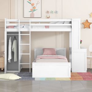 Letto a soppalco bianco singolo con librerie indipendenti e scrivania, armadio per bambini incluso - Product Image 2