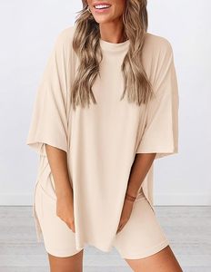 Oversized <b>Batwing</b> Sleeve Knitted <b>T</b>-<b>Shirt</b> Solid Color O-Neck Casual Summer Wear Unisex Breathable Pullover Beige - Product Image 5