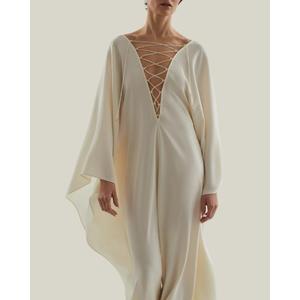 Elegant <b>White</b> V-neck Full Sleeve A-Line Floor-Length 100% Cotton Anti-static Quick Dry Party <b>Evening</b> Dress Comfortable Women - Product Image 6