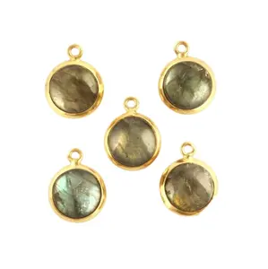 Labradorite ciondolo moneta da 12mm naturale Labradorite 18K oro Vermeil 925 in argento Sterling Set pendente 925 lunetta ciondolo