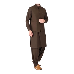 Ensemble Kurta Pyjama Traditionnel Marron pour Homme avec Gilet, en Coton Respirant, Style Décontracté Inde Pakistan - Product Image 1