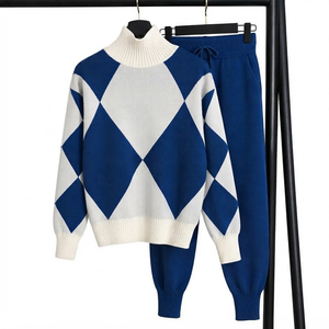 Women's Argyle Knit <b>Sweater</b> Set <b>Turtleneck</b> Long Sleeve Loose Fit Casual Wool Two Piece Winter Wear - Product Image 2