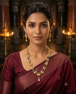 <b>Indian</b> Traditional Premium Matt Finish Multicolor Gemstone Cubic Zirconia Brass <b>Jewelry</b> <b>Set</b> Floral Leaf Chain Necklace <b>Set</b> - Product Image 6