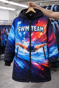 New Design Swim Parka <b>Jacket</b> for Swimmers, <b>Long</b> Insulated Hooded Coat with Premium Fabric, Stylish Blue Gradient Wave Print - Product Image 6