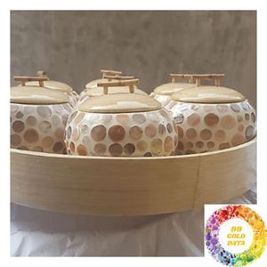 Pot en bambou artisanal avec incrustation de nacre, récipient décoratif rond avec couvercle pour la décoration de boutiques et d'hôtels - Product Image 2
