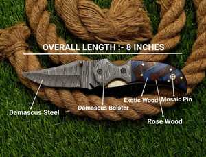 Cuchillo Plegable de Damasco Forjado a Mano Personalizado con Mosaico y Mango de Madera Exótica - Bolster de Damasco: Arte Exquisito - Product Image 5