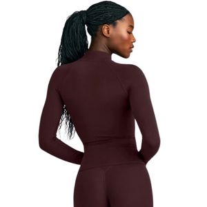 Combinaison athlétique marron à manches longues pour femme, col montant, ajustée, pour le sport et l'entraînement, coupe slim, personnalisable OEM - Product Image 2