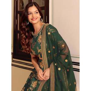 Green Embroidered Silk Plus Size <b>Wedding</b> Lehenga Choli with Pearls for Bride - Product Image 5
