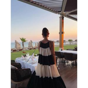 เดรสยาวผ้าฝ้ายสไตล์โบฮีเมียนสำหรับผู้หญิง คอทรงกลม แขนกุด แต่งสีสันแบบคัลเลอร์บล็อก ทรงระบาย ชุดลำลองสำหรับฤดูร้อน - Product Image 3