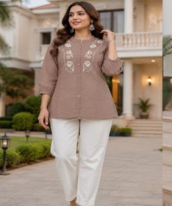 Kurta en coton brodé marron pour femmes avec pantalon blanc, coupe ample, style décontracté, Inde, Pakistan, toutes saisons, 86179 FVD-7star - Product Image 1