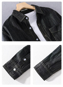 Camisa vaquera de hombre de manga larga, delgada, lisa, 100% algodón, suave, transpirable, con cuello alto, para invierno, 220g, con botones cubiertos - Product Image 2