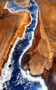 Handmade Modern Walnut <b>Wood</b> Coffee <b>Table</b> with Blue Sea Epoxy <b>Resin</b> Solid Round Dining Room Furniture Customizable - Product Image 4