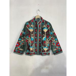 Vintage Style Sage <b>Velvet</b> <b>Jacket</b> with Heavy Floral Embroidery <b>Women</b> Ethnic Boho Outerwear - Product Image 3