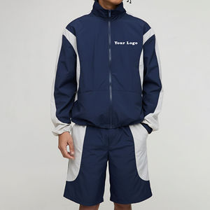Men's Navy <b>White</b> Color Blocking Sporty Windbreaker Shorts Set Quick Dry Stand Collar Custom Logo Front Printed Summer Outerwear - Product Image 6