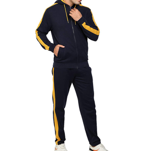 <b>Men's</b> Navy Blue Hooded Tracksuit With Yellow Stripes Full Zip Casual Sweatshirt And Pants <b>Set</b> Breathable Polyester - Product Image 5