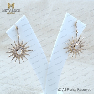 Genuine Pave <b>Diamond</b> Solid 14k Yellow Gold Rinbow Moonstone Designer <b>Dangle</b> Star <b>Earrings</b> Fine Jewelry Wholesale - Product Image 6