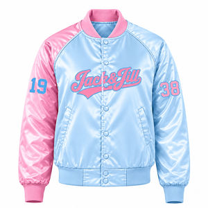 Chaqueta universitaria de satén en contraste rosa y azul claro para mujer de Jack And Jill Of America con botones a presión y cuello y puños de punto acanalado. - Product Image 3