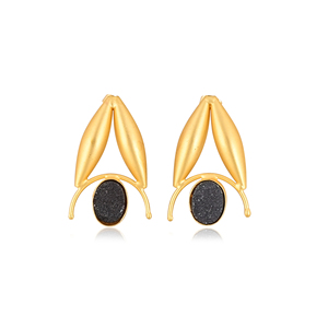 Natural <b>Black</b> Druzy Gemstone Gold Plated Brass <b>Dangle</b> <b>Earrings</b> Designer Jewelry for Women - Product Image 1