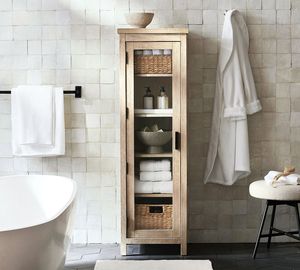 Premium Quality Teak Wood Bathroom Towel <b>Cabinet</b> Freestanding Clear Glass Closet - Product Image 1