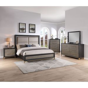 Commode contemporaine en bois à six tiroirs, finition bois foncé, quincaillerie dorée brossée, pieds effilés - Product Image 6