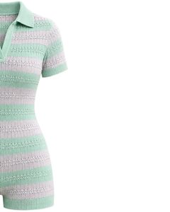 Mono de punto a rayas verde menta y blanco para mujer, manga corta, cuello polo, algodón, informal de verano, de una pieza, ajustado, personalizado - Product Image 3