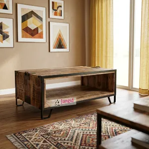 Modern <b>Wooden</b> <b>Outdoor</b> Coffee <b>Table</b> on Iron Stand with Shelf Handcrafted For Seatin <b>Table</b> For Garden Farmhouse Home Hotel Resort - Product Image 3