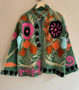 Green Velvet Embroidered Blouson <b>Jacket</b> With Floral Pattern <b>Mandarin</b> <b>Collar</b> Button Closure Women's Outerwear - Product Image 1