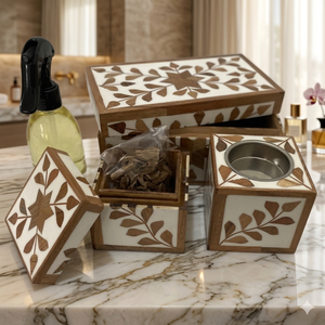 Juego de madera listo para enviar con incrustaciones de hueso para Ramadán, caja Mubkhar, quemador de Bakhoor, Madkhan, bandeja perfumada para uso religioso, cilantro - Product Image 1
