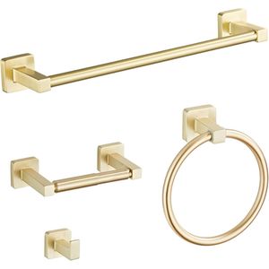 Set di Accessori per Bagno in Acciaio Inox Dorato Chiaro, 4 Pezzi, Portasciugamani da Parete 16 Pollici con Anello Portasciugamani - Product Image 1