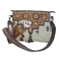 Tas Selempang Kulit Sapi Asli Buatan Tangan dengan Rumbai, Kasual, Tahan Lama, Resleting, Motif Bunga Barat, Rantai Kartu Permainan, Lembut