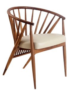 Elegante Silla de Comedor de Madera de Teca Sólida con Respaldo Curvo, Diseño Artístico de Husillos y Asiento Tapizado Confortable - Product Image 1