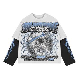 Camiseta Negra de Manga Larga con Cuello Redondo para Hombre, Estampado Gráfico de Cabeza de Lobo, Estilo Urbano, NUEVO ARTÍCULO 2026 - Product Image 1