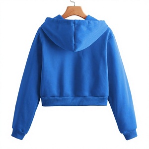Best Quality Comfortable Custom Made Lightweight Women <b>Zip</b> <b>Up</b> <b>Hoodie</b> Solid Blue Short <b>Crop</b> Hooded Casual and Athleisure Wear - Product Image 2