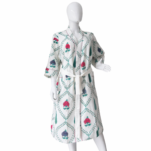 Soft Cotton Floral Bathrobe Women <b>Blue</b> Leaf Block Print Spa Robe Morning Gown Lightweight Comfort Long Dressing Gown For Women - Product Image 1