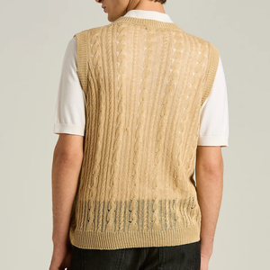 Gilet sans manches en tricot torsadé kaki pour homme, col en V, couleur unie, tricoté, pour l'automne - Product Image 3