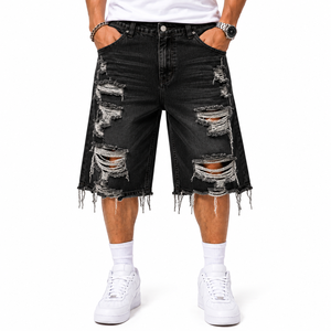 Shorts en jean longs pour hommes, déchirés et effilochés, coupe ample, design personnalisé, reproduction d'usine de vêtements - Product Image 2