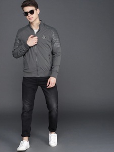 Men's Gray Bomber <b>Jacket</b> PU Leather Sleeve Stand Collar Zipper Front Casual Autumn Wear Solid Color Slim Fit - Product Image 2