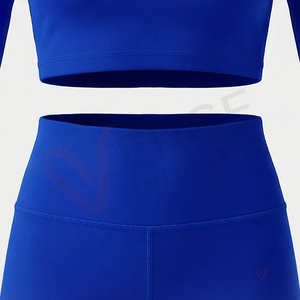 Ensemble 2 pièces pour femmes, haut court à col roulé à manches longues, leggings taille haute, bleu uni, tenue de yoga - Product Image 5