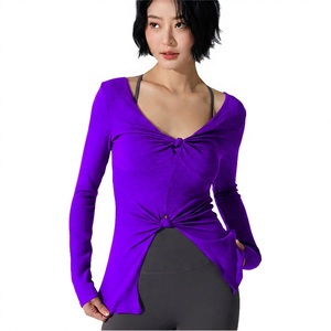 เสื้อโยคะแขนยาวสีม่วงสำหรับผู้หญิง ดีไซน์คอพันด้านหน้า ระบายอากาศได้ดี ทรงปกติ สีพื้น เสื้อกีฬา - Product Image 5
